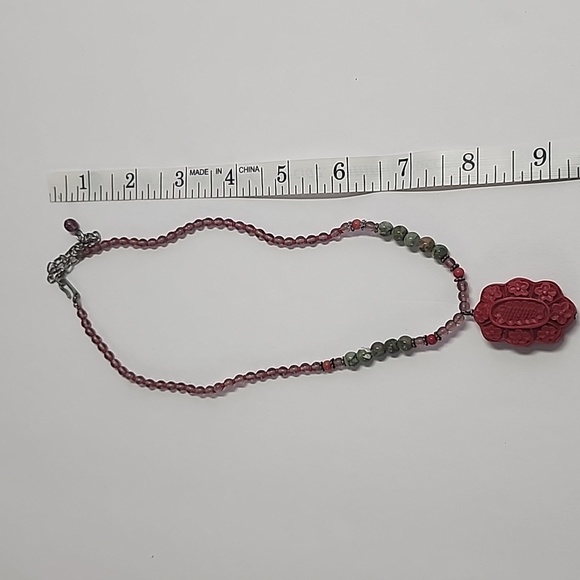 Cinnabar and Jade Pendant Necklace Beaded - Picture 3 of 5